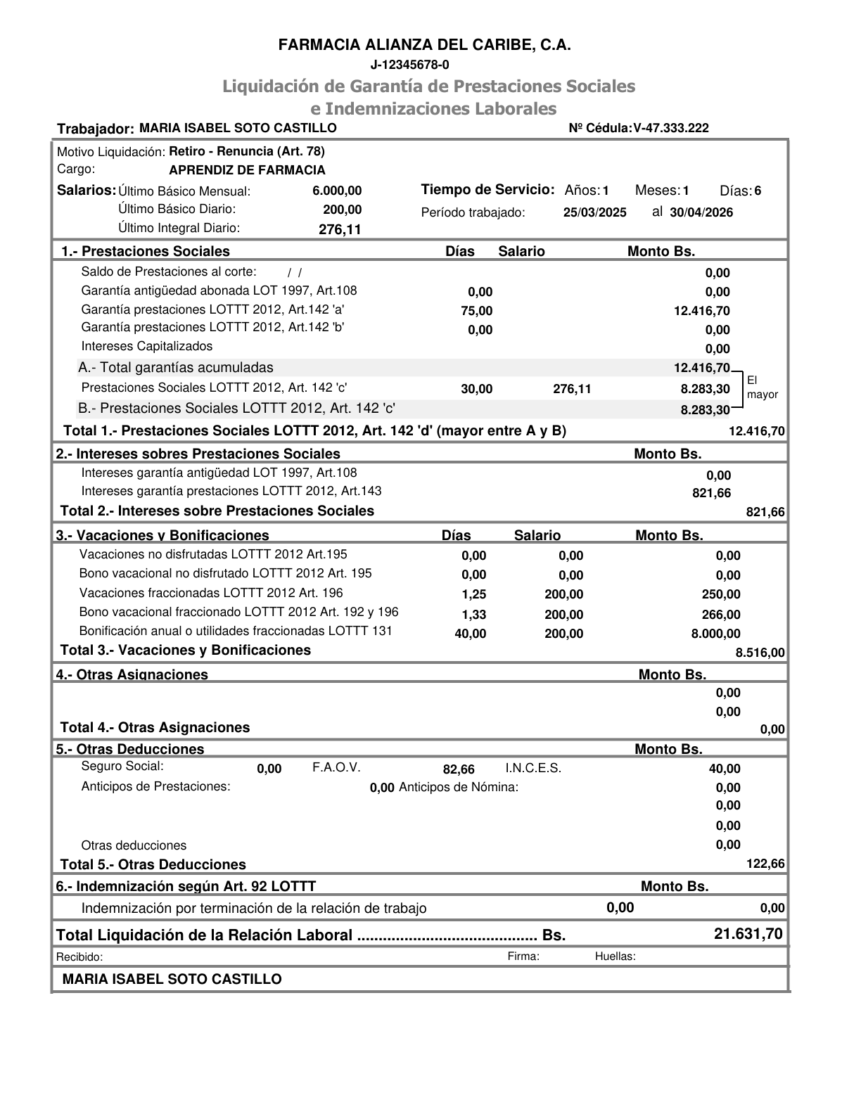 Liquidación de prestaciones sociales generada por Temis