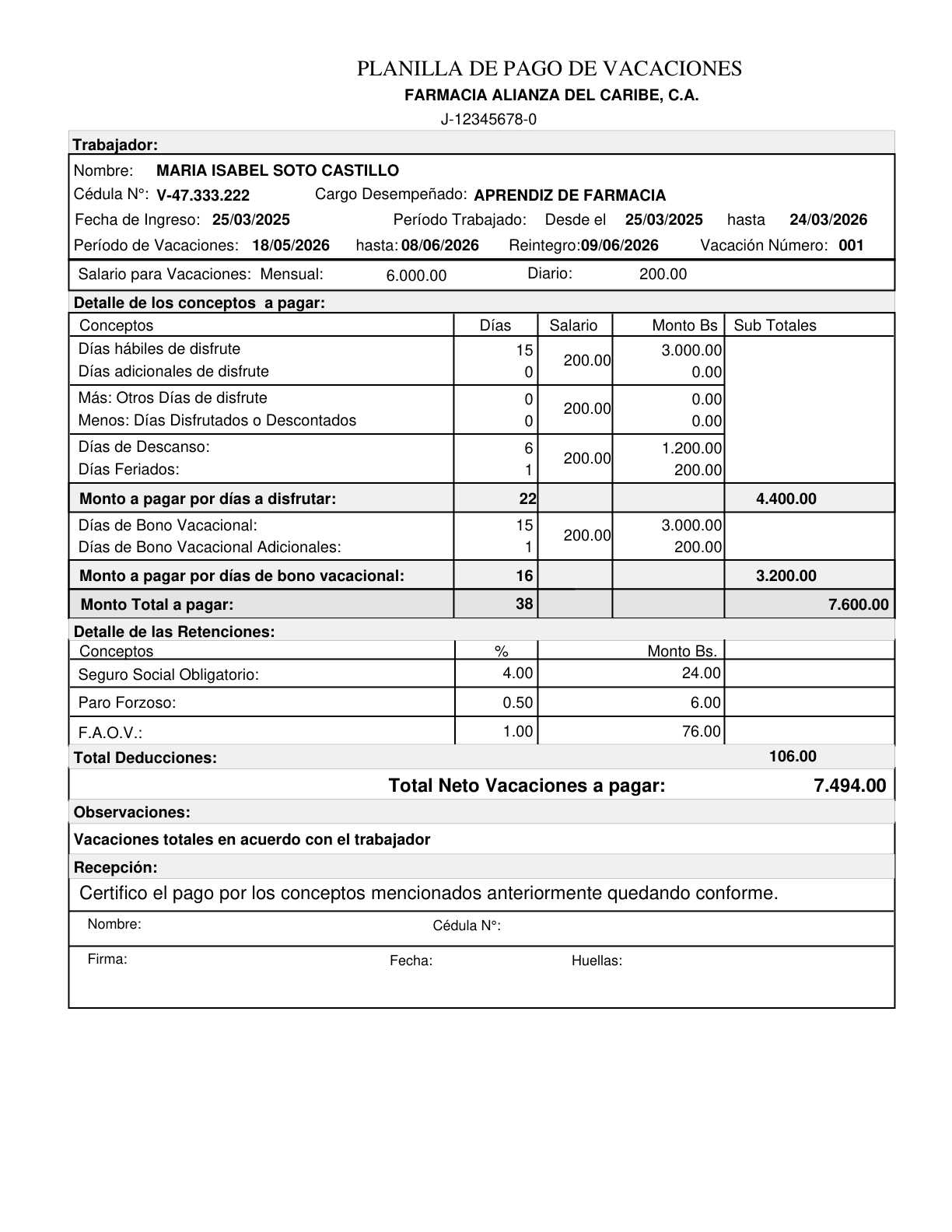 Planilla de vacaciones generada por Temis