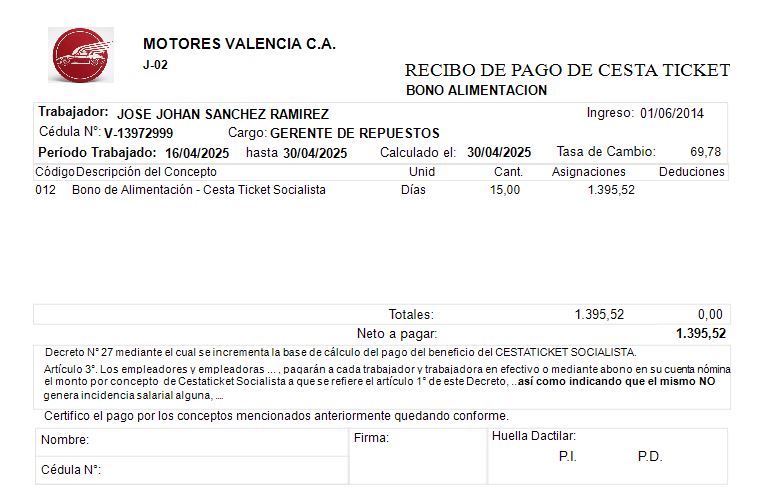 Recibo de cesta ticket generado por Temis